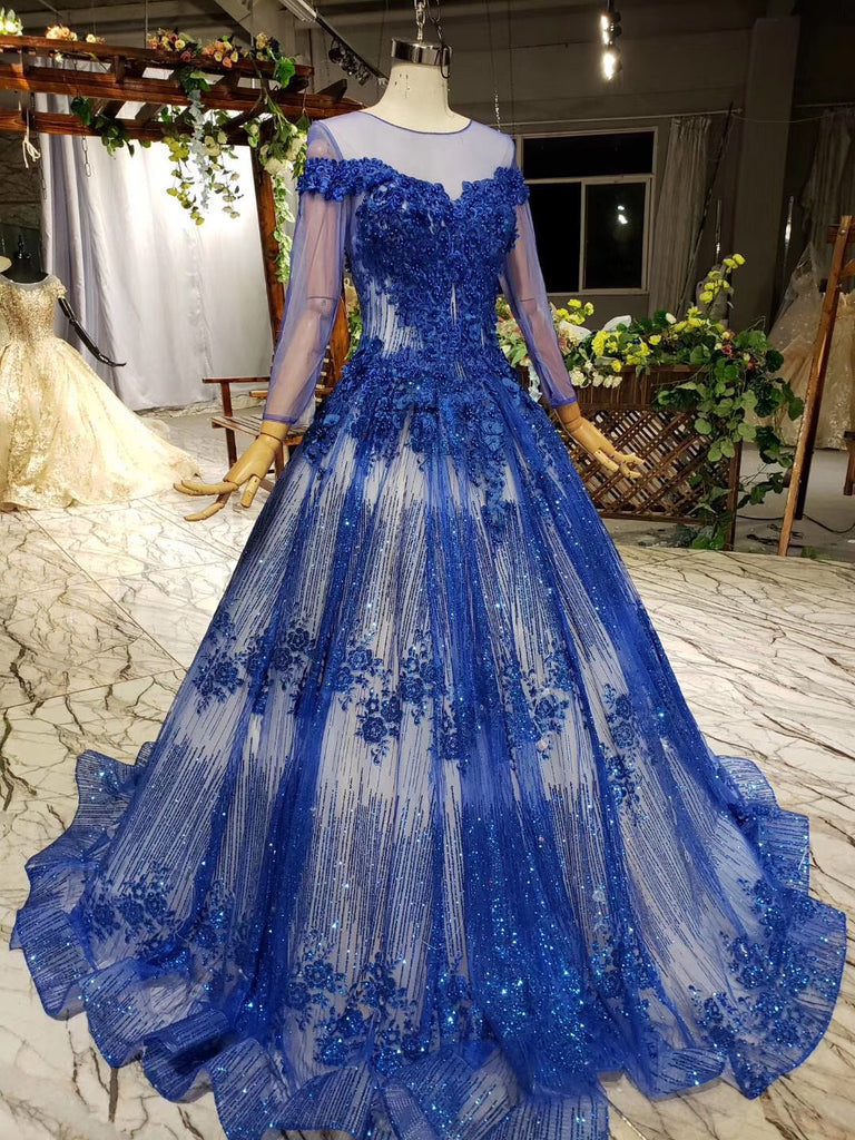 Sheer Neck Tulle Blue Ball Gown Beaded Applique Long Sleeve Prom Dresses OP872