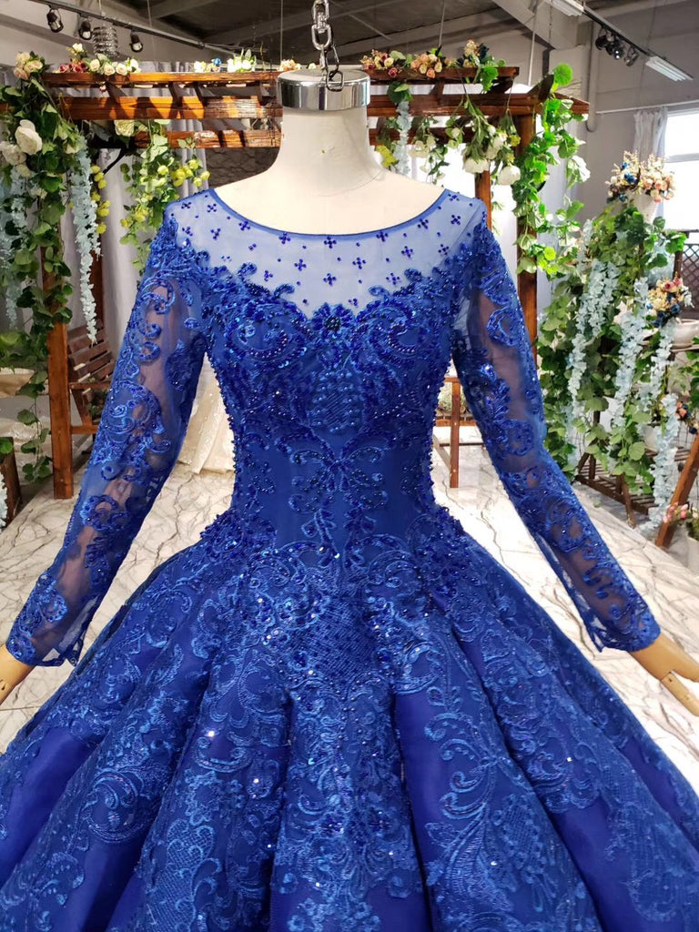 Long Sleeve Prom Dress Sheer Scoop Neck Quinceanera Dress With Beaded Applique OP873