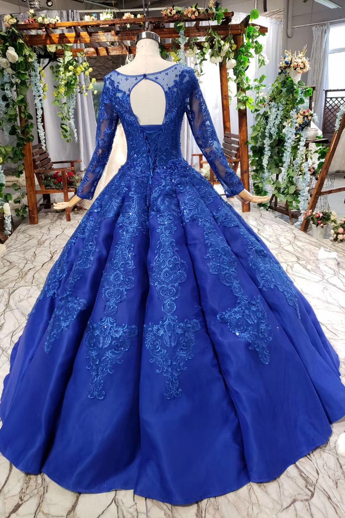 Long Sleeve Prom Dress Sheer Scoop Neck Quinceanera Dress With Beaded Applique OP873