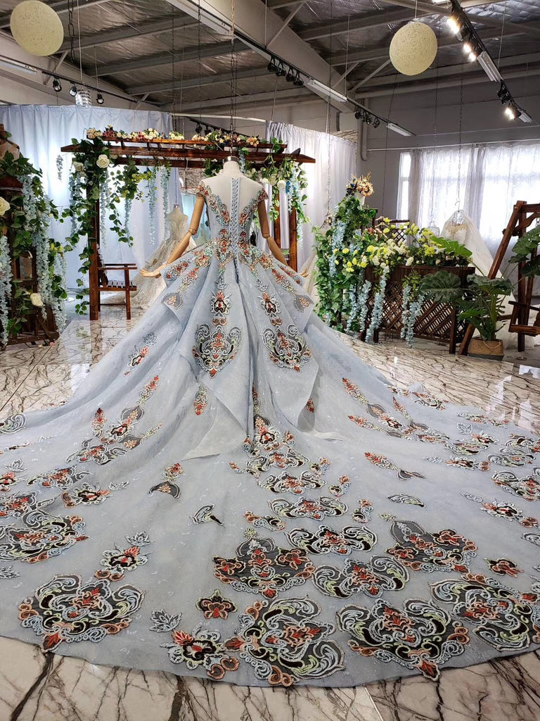 Luxury Cap Sleeve Ball Gown Long Prom Dresses, Appliques Beading Quinceanera Dresses OP874