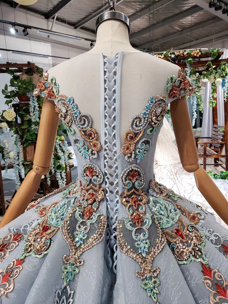 Luxury Cap Sleeve Ball Gown Long Prom Dresses, Appliques Beading Quinceanera Dresses OP874