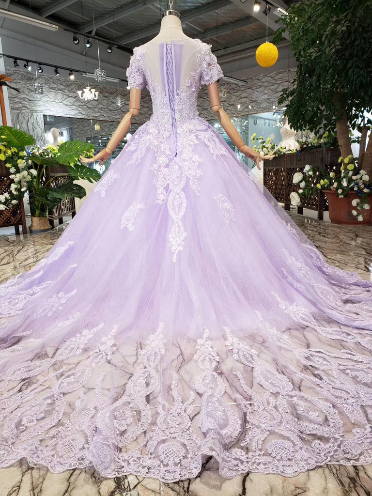 Lilac Ball Gown Quinceanera Short Sleeves Beaded Prom Dress With Appliques