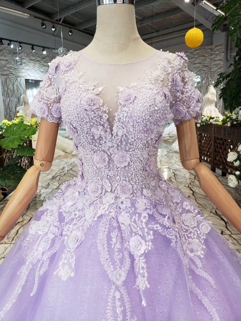 Lilac Ball Gown Quinceanera Short Sleeves Beaded Prom Dress With Appliques