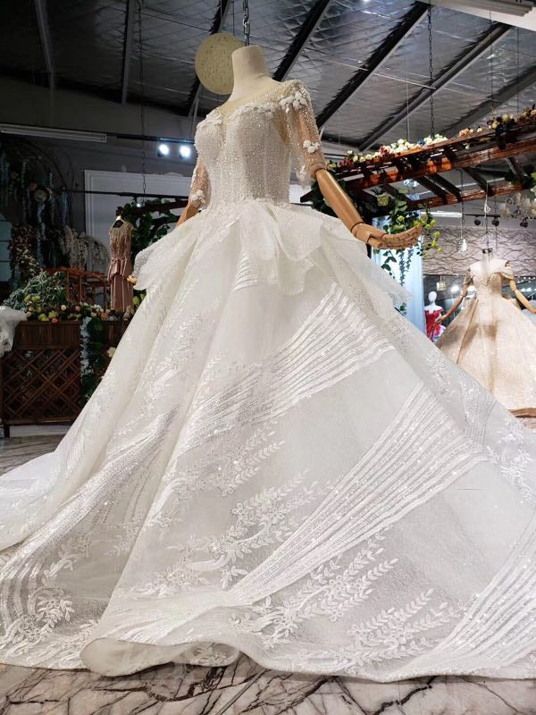 Sequins Ball Gown Half Sleeves Quinceanera Dress, Sheer Neck Long Wedding Dress OP876