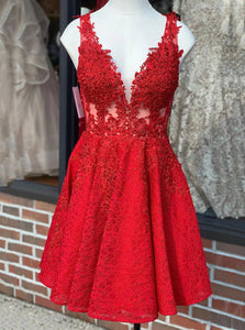 A-line V-Neck Lace Red Homecoming Dress, Short Lace Party Dress OM467