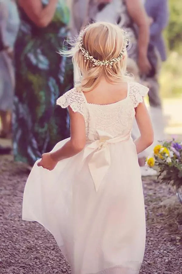 Cap Sleeves Lace Chiffon Beach Flower Girl Dress With Bowknot OF123