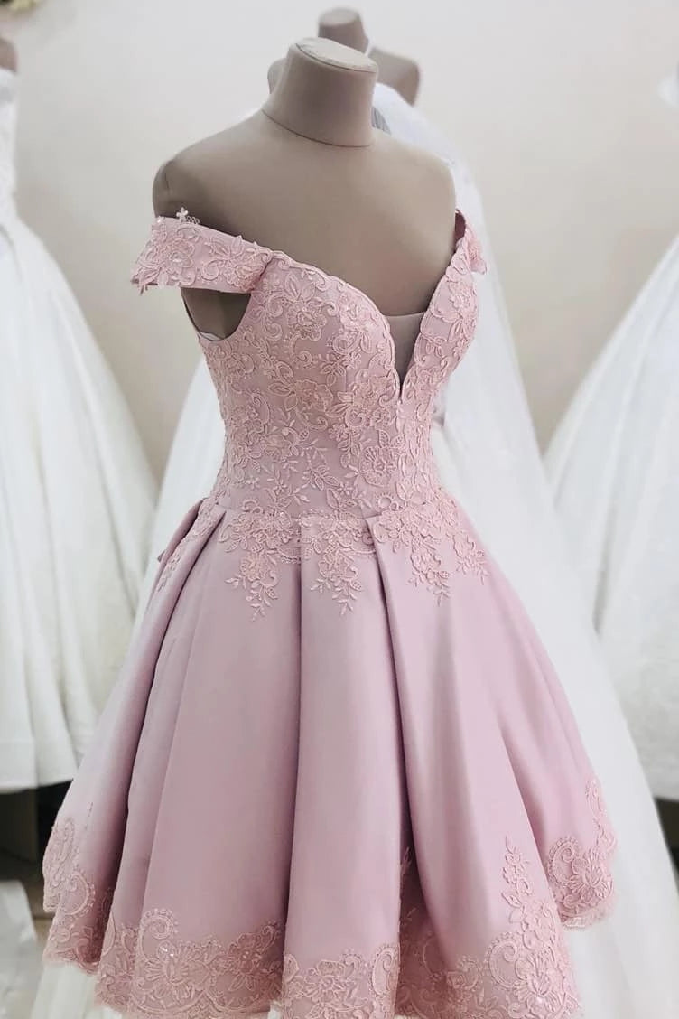 Off Shoulder Pink Short Homecoming Dress with Lace Appliques OM490