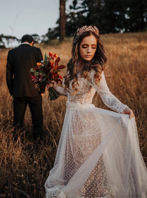 Long Sleeve Polka Dot Rustic Lace Wedding Dress