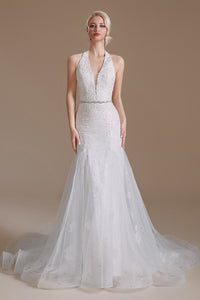 Gorgeous Long Mermaid Lace V-Neck Tulle Wedding Dress