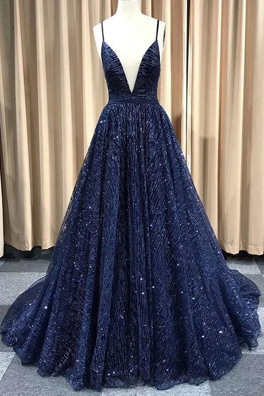 Sparkly Navy Blue Long Prom Dress, Backless Glitter Formal Evening Dress OP1017