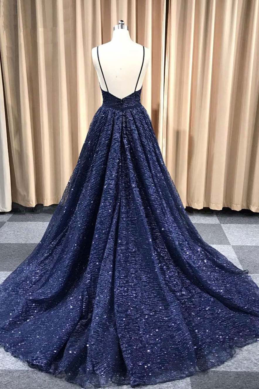 Sparkly Navy Blue Long Prom Dress, Backless Glitter Formal Evening Dress OP1017