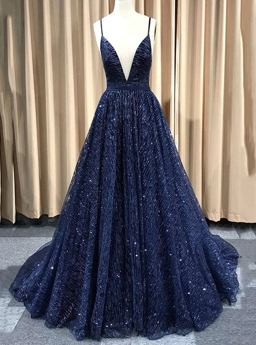 Sparkly Navy Blue Long Prom Dress, Backless Glitter Formal Evening Dress OP1017