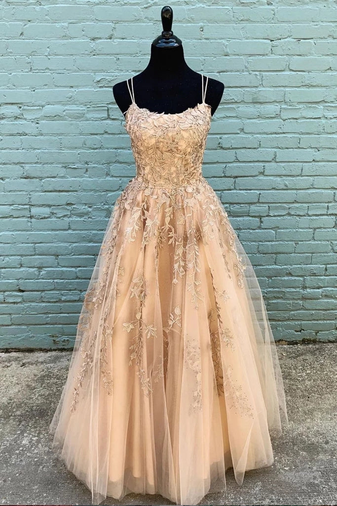 Tulle Scoop Lace Appliques Spaghetti Long Prom Dress OP907