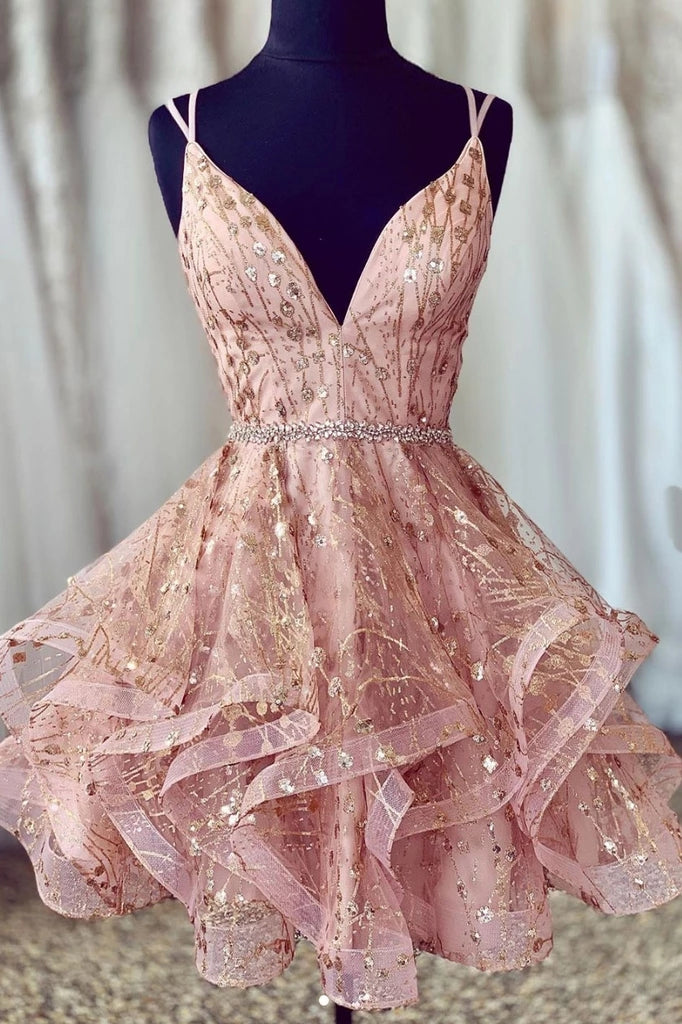 Sparkly Pink Sweet 16 Dress V-neck Beaded Short Prom Dress With Lace-up