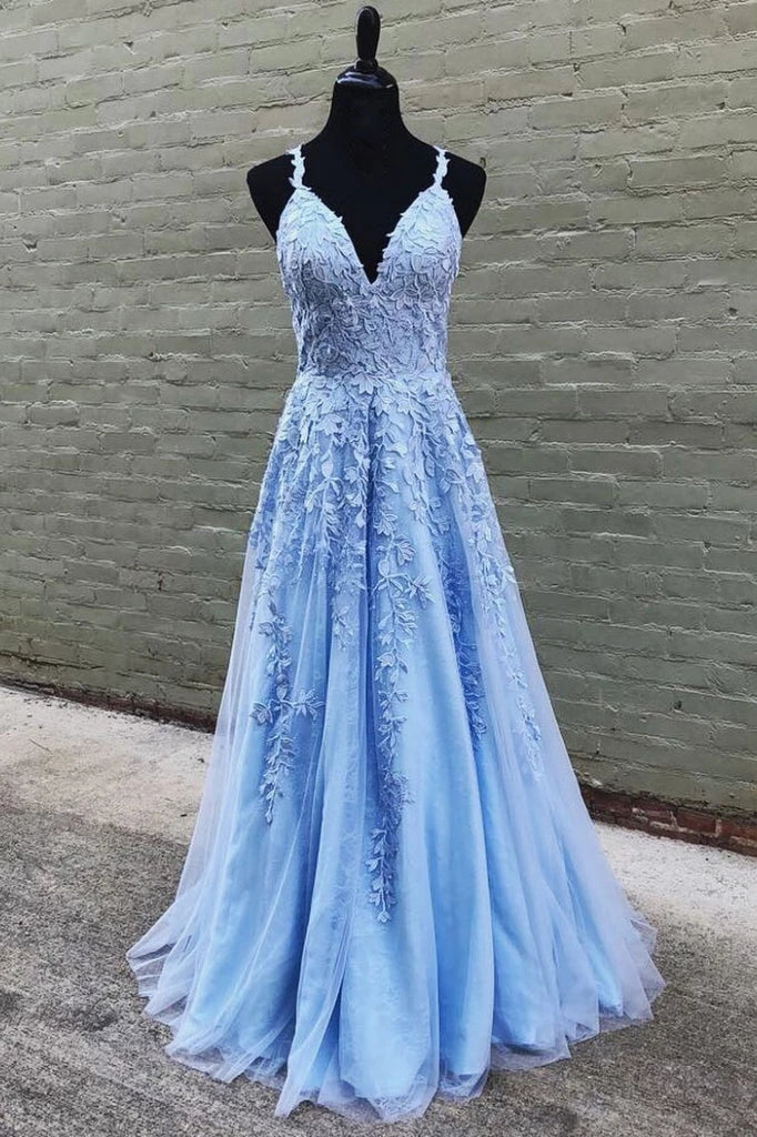 Sky Blue Long Prom Dresses A-line V-neck Lace Appliques Pageant Dress OP908