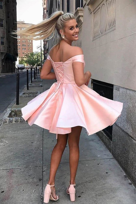 A-Line Satin Off-Shoulder Simple Short Prom Homecoming Dress OM478
