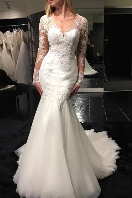 Mermaid V-neck Long Sleeve Appliques Wedding Dress With Sheer Back OW588