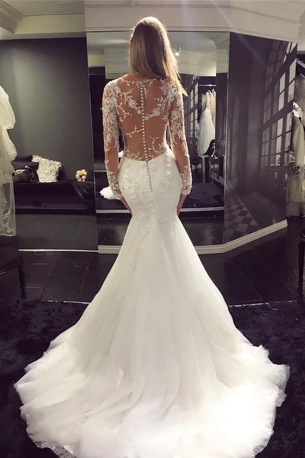 Mermaid V-neck Long Sleeve Appliques Wedding Dress With Sheer Back OW588