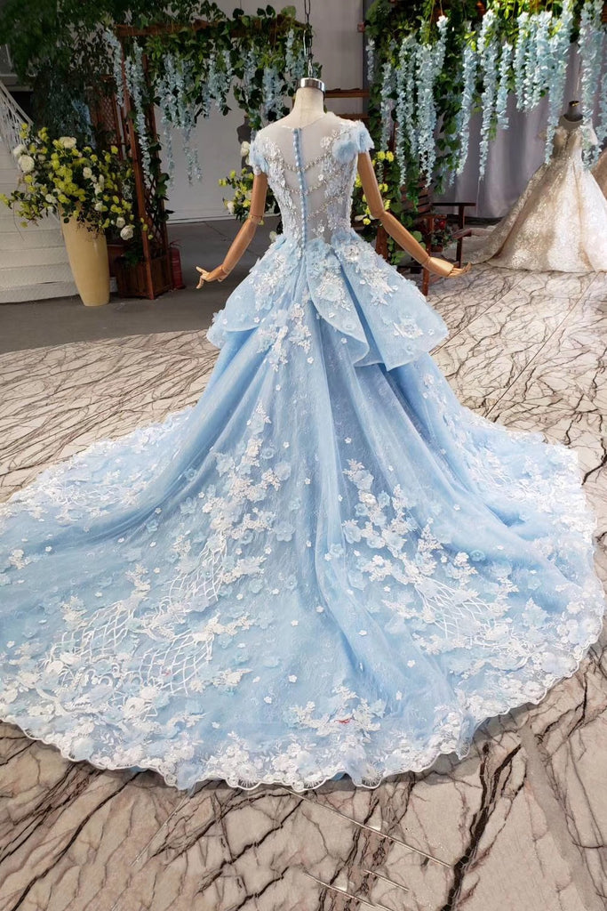 Sky Blue Quinceanera Dresses Ball Gown Vintage Wedding Dress With Appliques Beading PO030