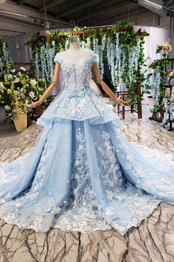 Sky Blue Quinceanera Dresses Ball Gown Vintage Wedding Dress With Appliques Beading PO030
