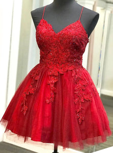 Strappy Short Homecoming Dresses Lace Applique Red Short Prom Dress OM492