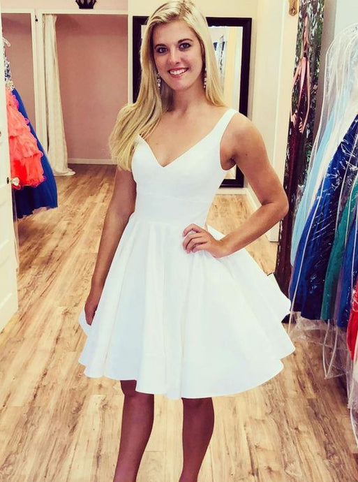 A-line V-neck White Homecoming Dresses Simple Short Prom Dress OM510