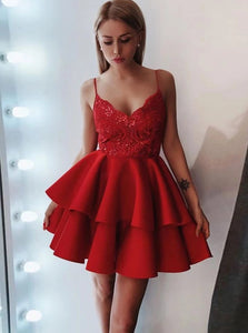 Spaghetti Strap Lace Short Red Homecoming Dress With Satin Ruffled OM506
