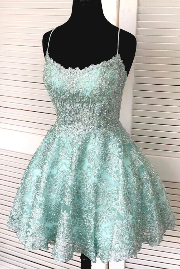 Spaghetti-straps Mint Green Short Lace Backless Homecoming Dresses OM504