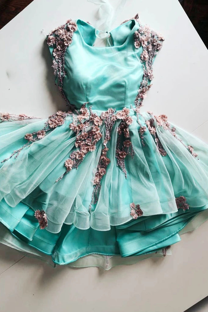 Mint Green Tulle Short Prom Homecoming Dresses With 3D Applique OM502