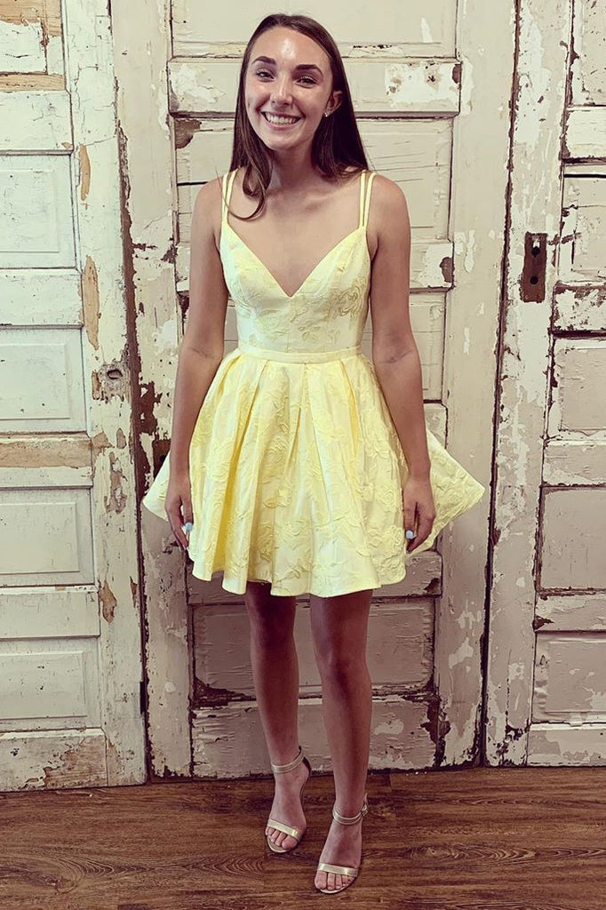 Double Straps V-neck Yellow Short Prom Dress Homecoming Dress OM518