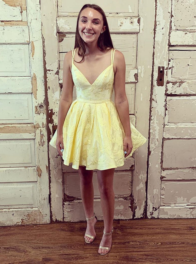 Double Straps V-neck Yellow Short Prom Dress Homecoming Dress OM518