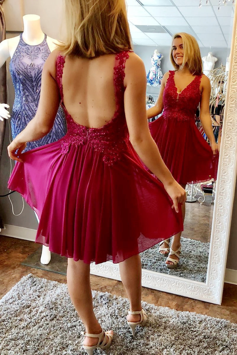 Fuchsia Backless Chiffon Homecoming Dress Short Prom Dress With Appliques