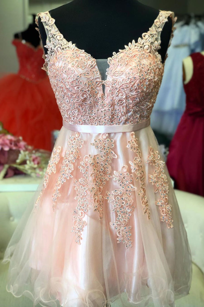 Cute A-line Short Pink Homecoming Dress With Lace Appliques OM495