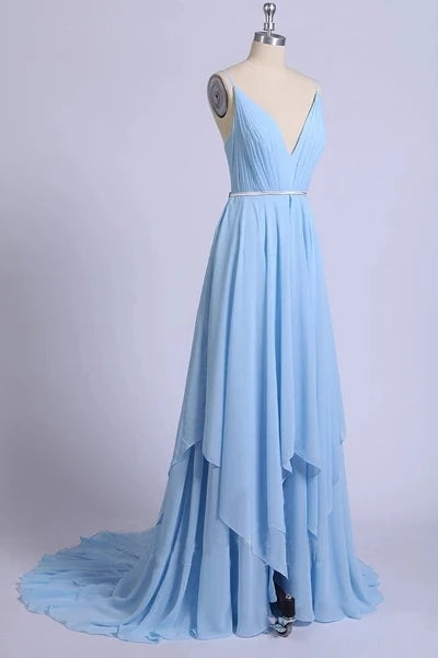 Sexy Backless Long Prom Dress, Sky Blue Chiffon Formal Dresses OP893