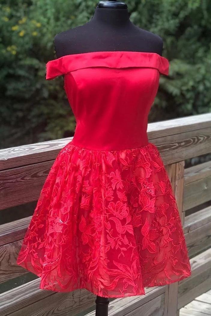 A-line Off Shoulder Satin Red Homecoming Dress With Lace OM494