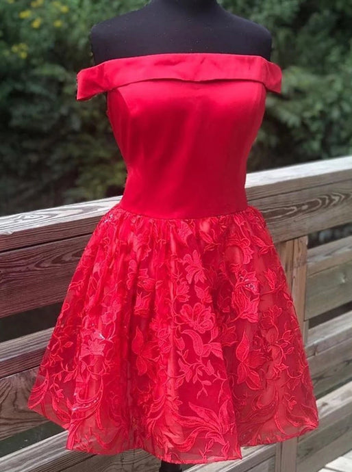 A-line Off Shoulder Satin Red Homecoming Dress With Lace OM494