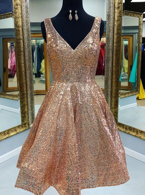 A-line Gold V-Neck Sequins Short Prom Dress Homecoming Dress