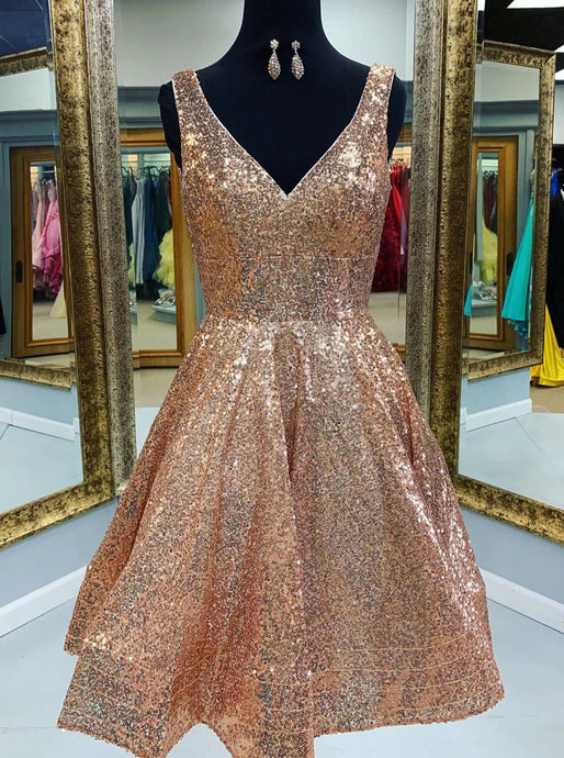 A-line Gold V-Neck Sequins Short Prom Dress Homecoming Dress