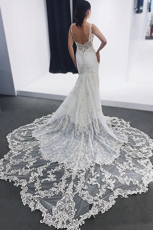 Mermaid V-neck Backless Spaghetti Wedding Dresses With Appliques OW589