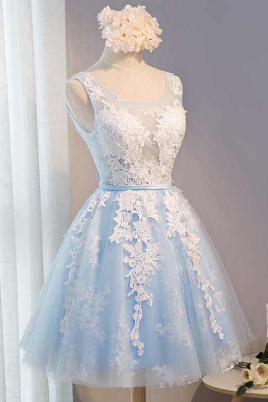 Round Neck Blue Short Prom Dress, Short Graduation Homecoming Dresses OM443