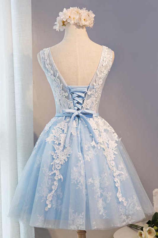 Round Neck Blue Short Prom Dress, Short Graduation Homecoming Dresses OM443