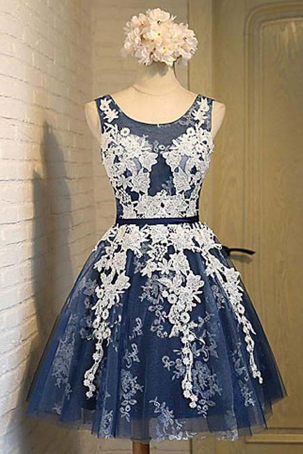 Navy Blue Short Prom Dress, Appliques Graduation Homecoming Dresses OM444