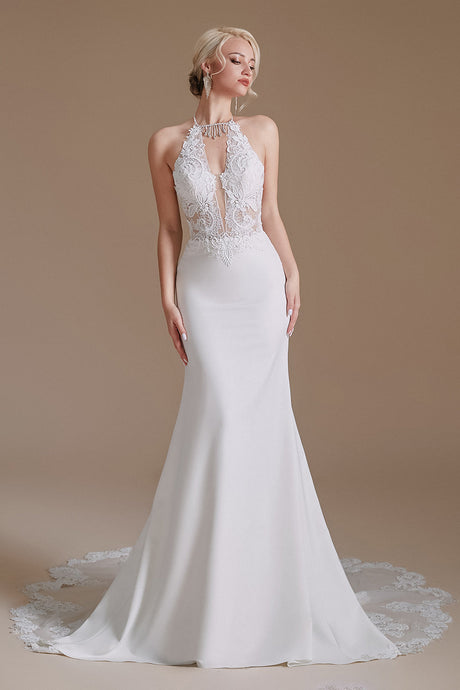 Elegant Long Mermaid Lace Appliques Backless Wedding Dress