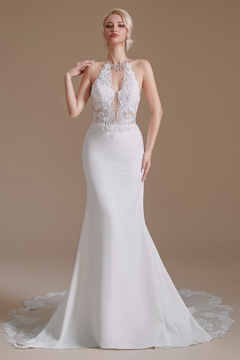 Elegant Long Mermaid Lace Appliques Backless Wedding Dress