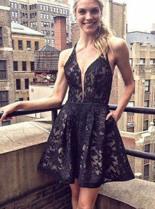 Black A-Line V-Neck Lace Short Prom Homecoming Dress With Pockets OM515