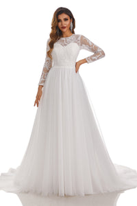 A-Line Round Neck Long Sleeves Tulle Wedding Dress With Lace Appliques