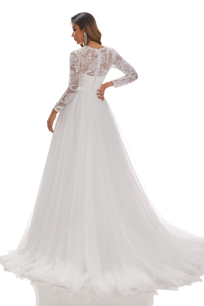 A-Line Round Neck Long Sleeves Tulle Wedding Dress With Lace Appliques