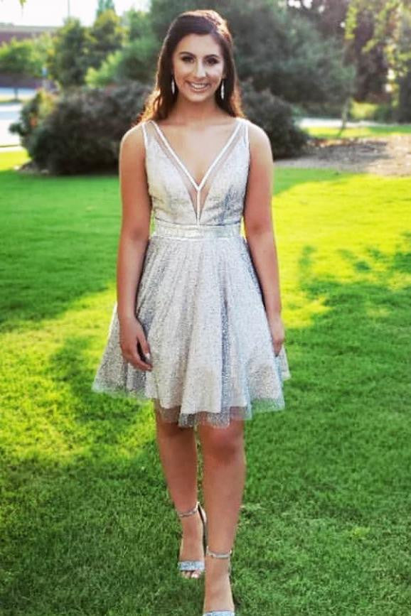 A-Line V-neck Short Prom Dress Sheer Homecoming Dress OM325