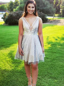 A-Line V-neck Short Prom Dress Sheer Homecoming Dress OM325