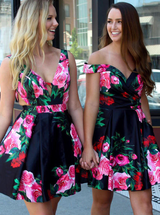 A-line Black Floral Print Short Prom Dresses Homecoming Dress